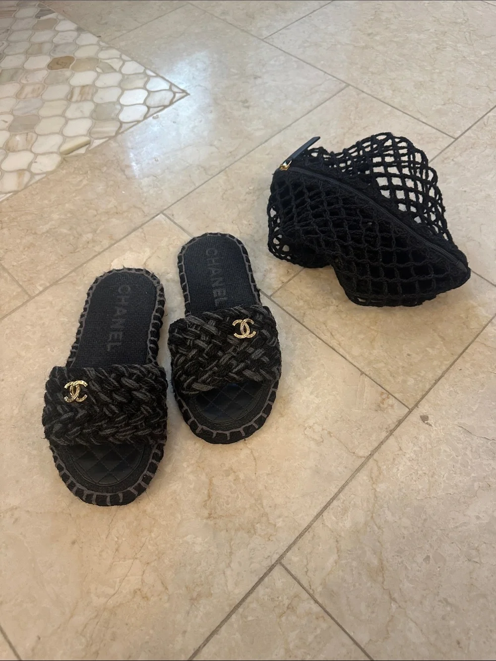 CHANEL Black Braided Slide Sandals with Gold CC Emblem